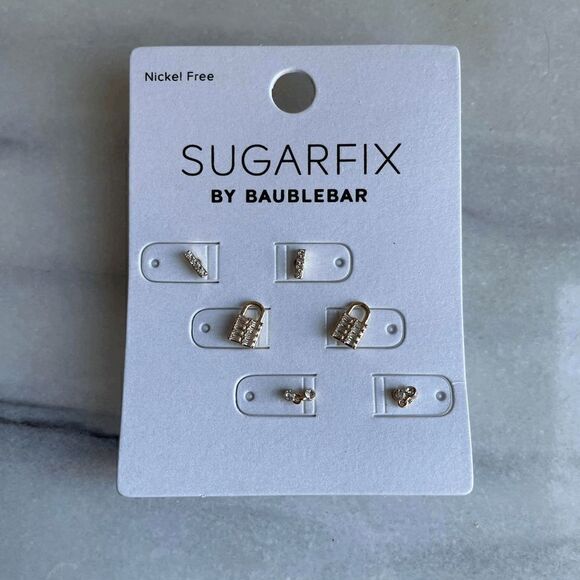 5/$25 Sugarfix Gold Micro Crystal Lock Earring Set - Picture 1 of 1